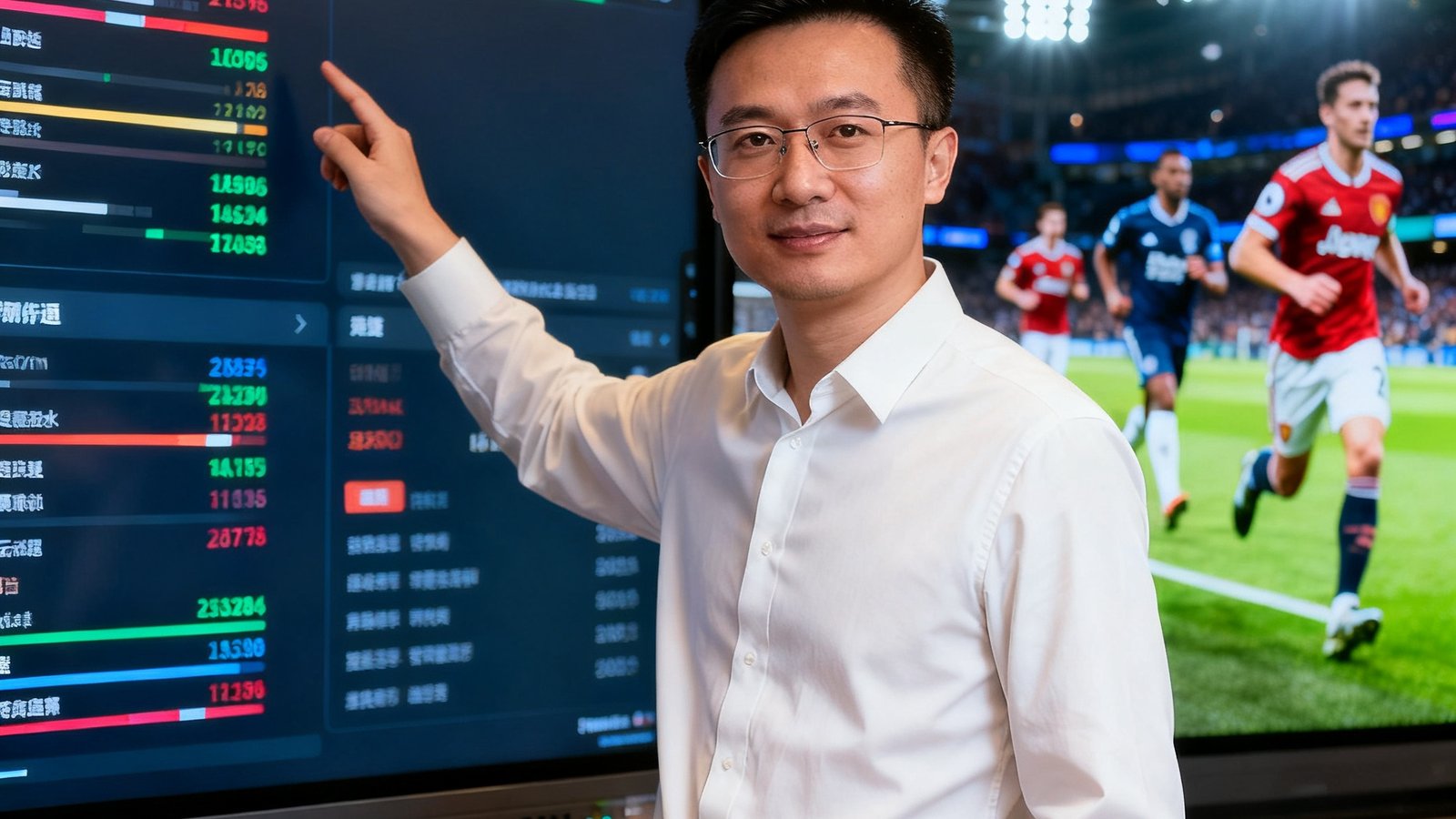 看球通CEO张明远正在展示实时数据大屏，背景为英超直播画面